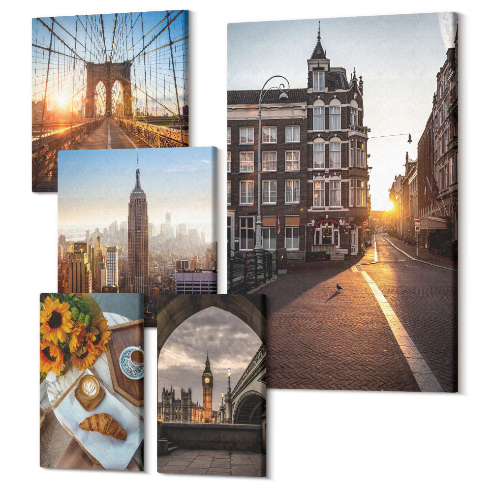 Sada obrazů pentaptych Okouzlující výhled na město, architektura a západy slunce