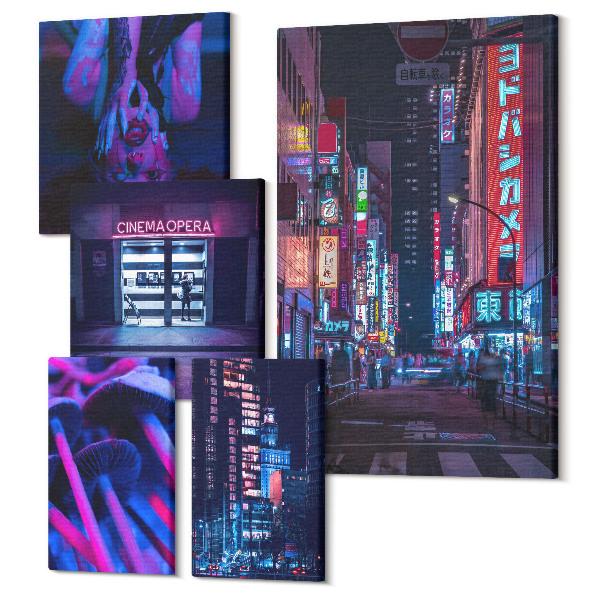 Sada obrazů pentaptych Neonové noční pohledy na města s městskou atmosférou