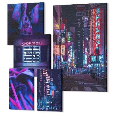 Sada obrazů pentaptych Neonové noční pohledy na města s městskou atmosférou