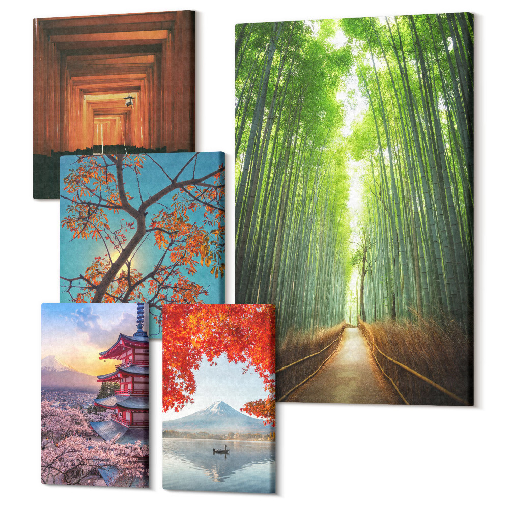 Sada obrazů pentaptych Krajiny Japonska s bambusem a jarními květinami