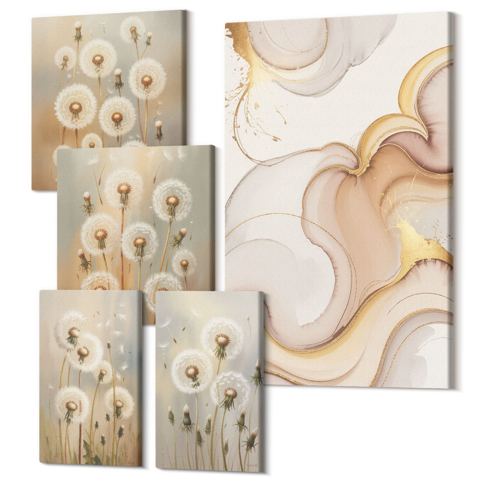 Sada 5 obrazů Květinové motivy v jemných odstínech přírody