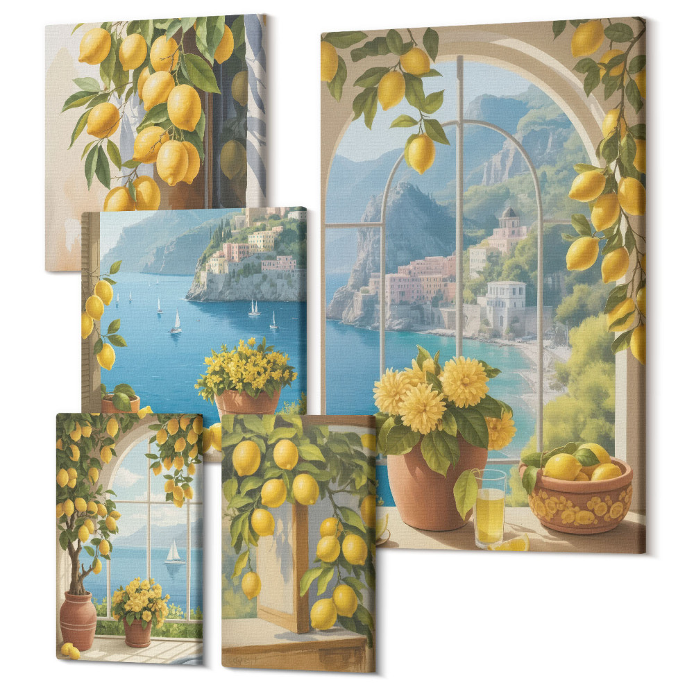 Sada obrazů na zeď pentaptych Citronové akcenty v provensálském stylu s výhledem na moře