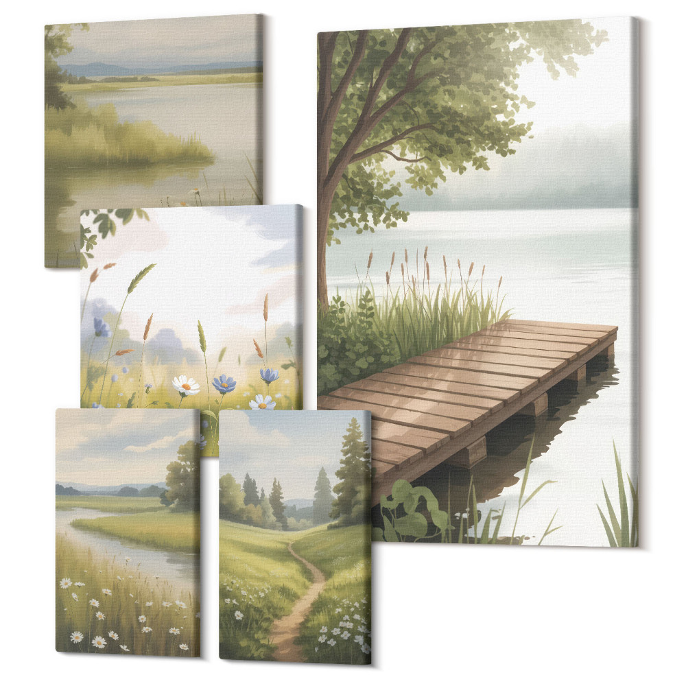 Sada obrazů pentaptych Klidná přírodní krajina s dřevěným molem a loukami
