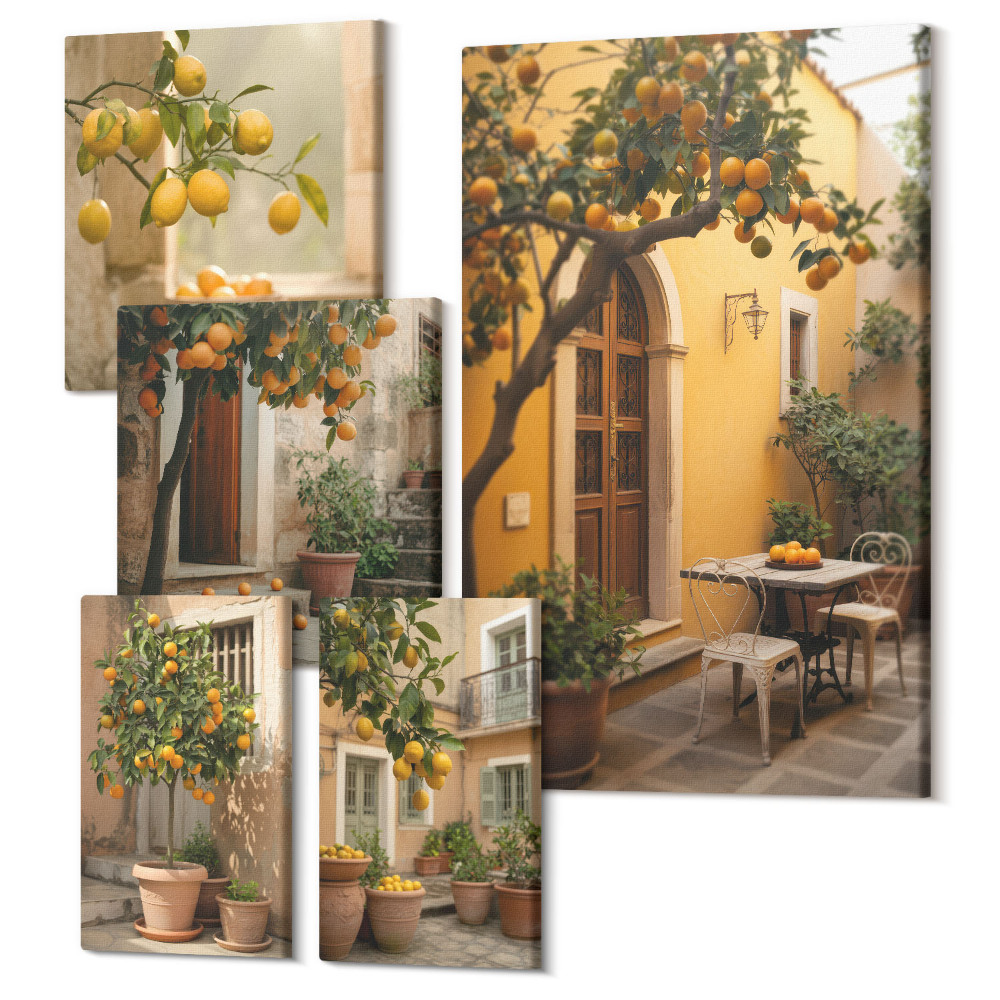 Sada obrazů pentaptych Citrusové plody v půvabných zákoutích zahrady