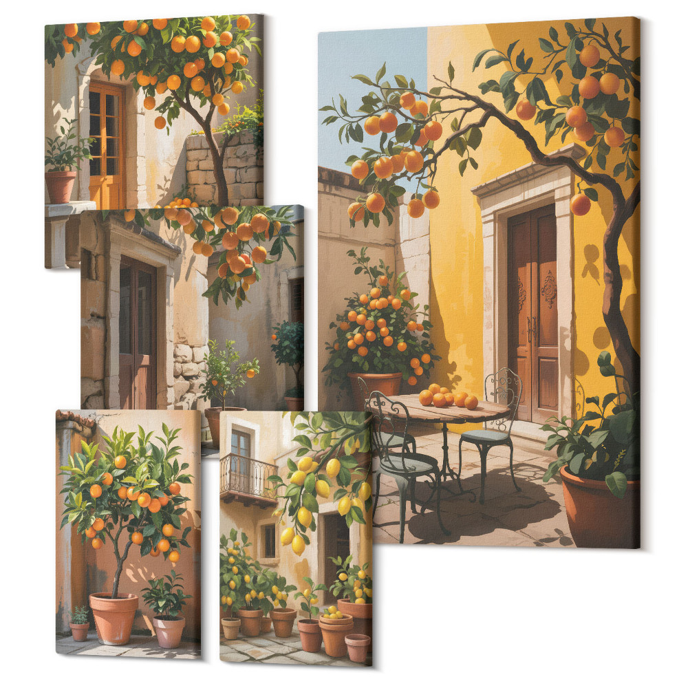 Sada obrazů pentaptych Citrusové plody ve slunných zahradách a terasách