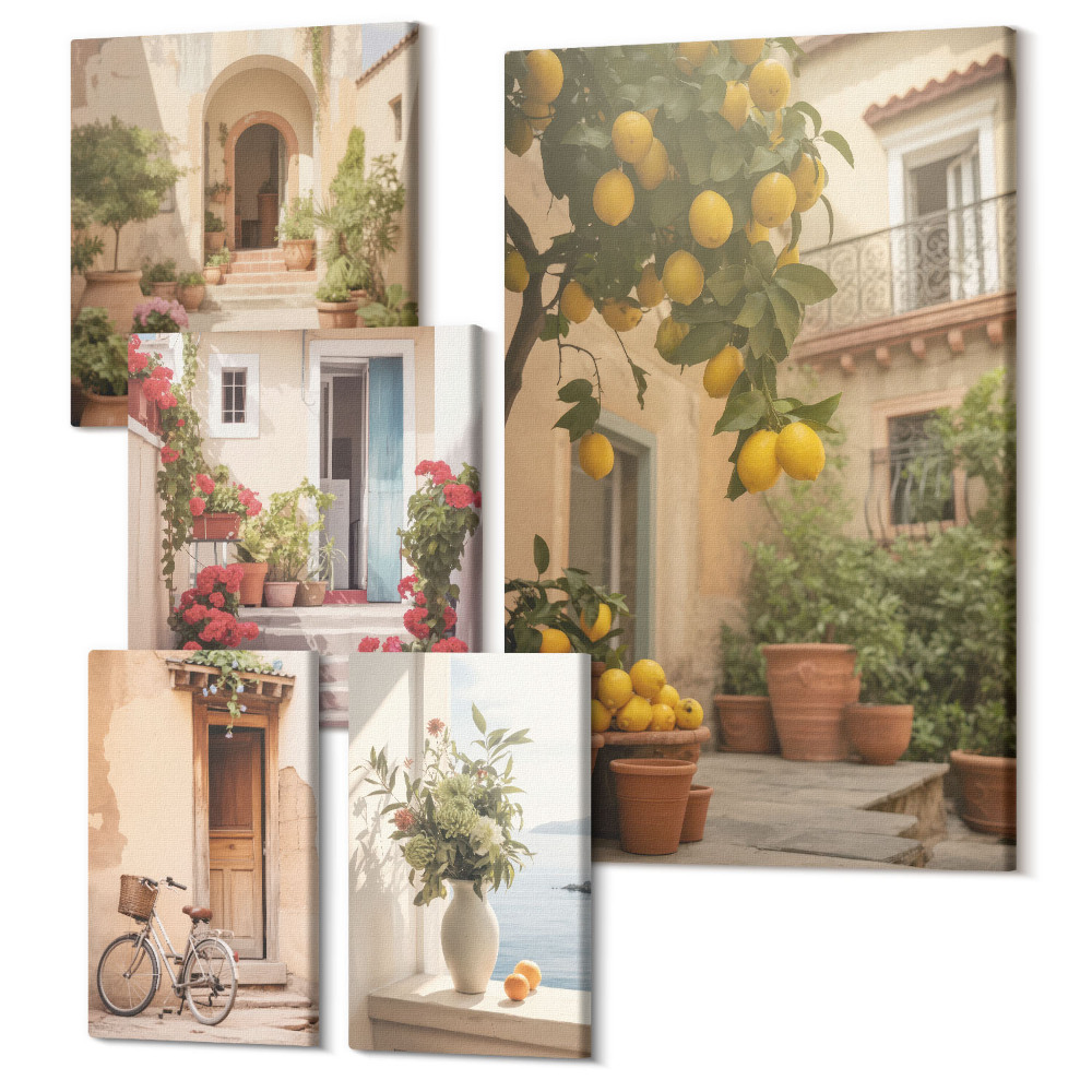 Sada obrazů na zeď pentaptych Atmosférické ulice s květinami a citrusovými stromy v provensálském stylu