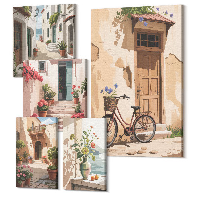 Sada 5 obrazů Okouzlující uličky s koly a hrnkovými květinami