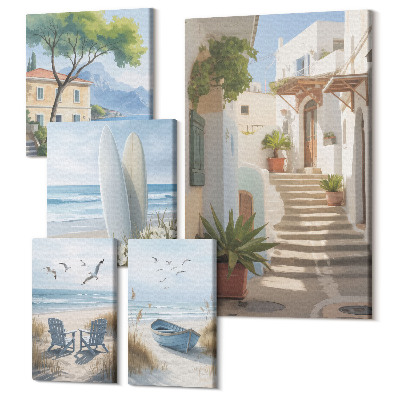 Sada obrazů pentaptych Stylový výhled na moře s plážemi a krajinou