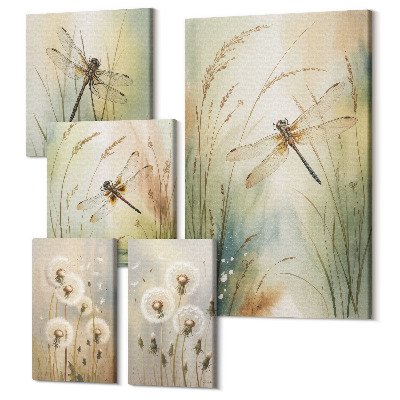 Sada obrazů na zeď pentaptych Přírodní motivy s vážkami a pampelišky v boho stylu