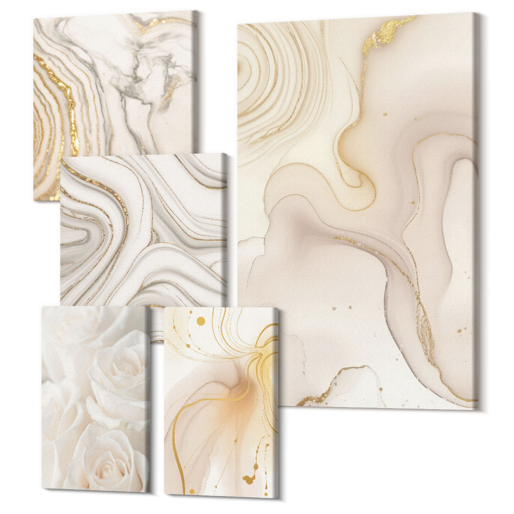 Sada 5 obrazů Abstraktní kompozice v odstínech béžové a bílé