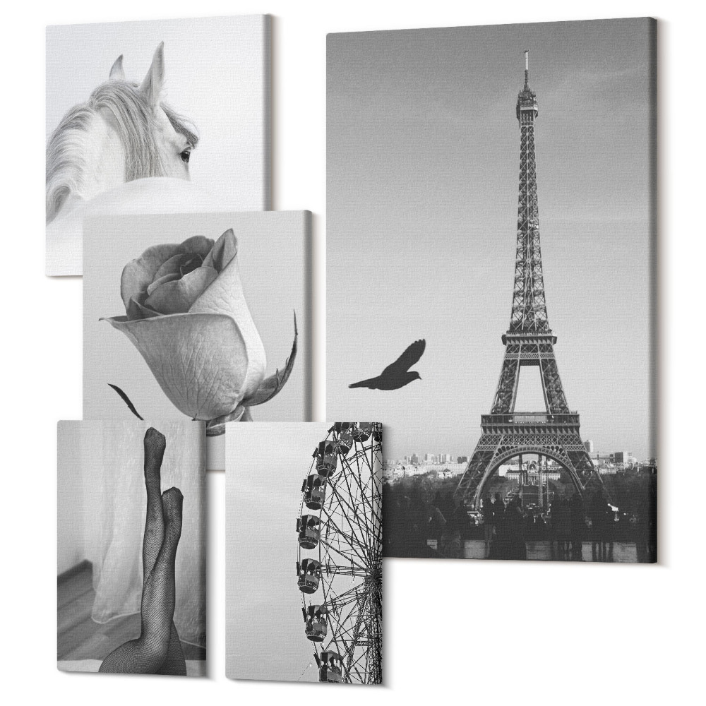 Sada obrazů na zeď pentaptych Stylové černobílé obrazy Paříže a elegance