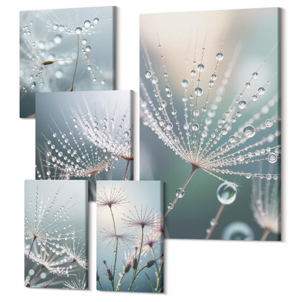 Sada obrazů pentaptych Kapky rosy na jemných rostlinách v minimalistickém stylu