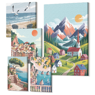 Sada 5 obrazů Horské a přímořské krajiny v retro stylu