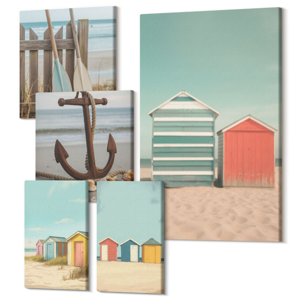 Sada obrazů na zeď pentaptych Stylové plážové domy s námořními prvky a doplňky