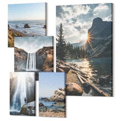 Sada obrazů pentaptych Přírodní krajina s vodopády a malebnými plážemi