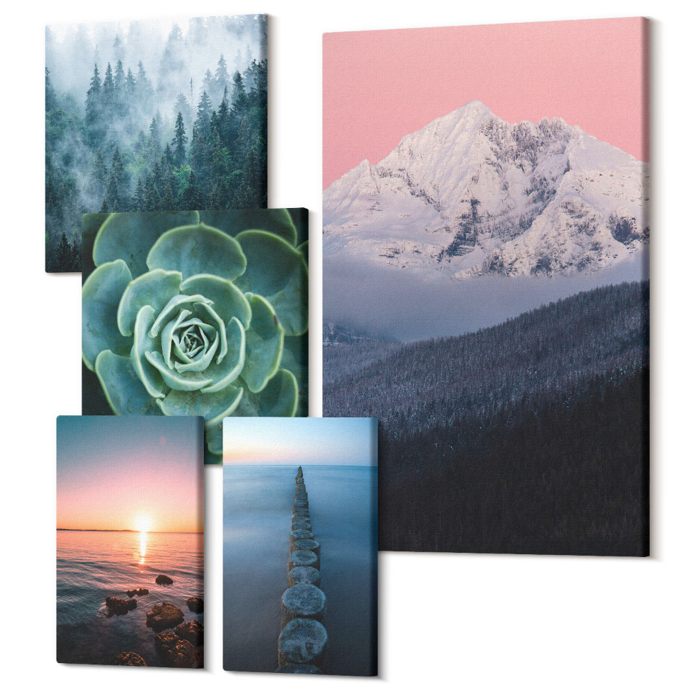 Sada obrazů na zeď pentaptych Přírodní krajiny hory moře rostliny boho styl