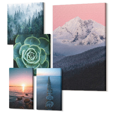 Sada obrazů na zeď pentaptych Přírodní krajiny hory moře rostliny boho styl