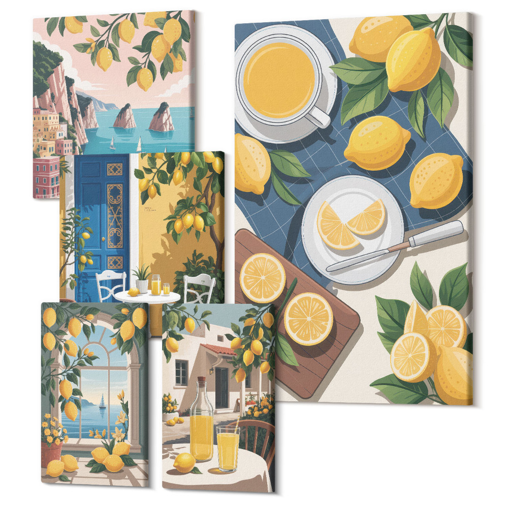 Sada 5 obrazů Motiv citronu, svěžest a letní atmosféra v boho stylu
