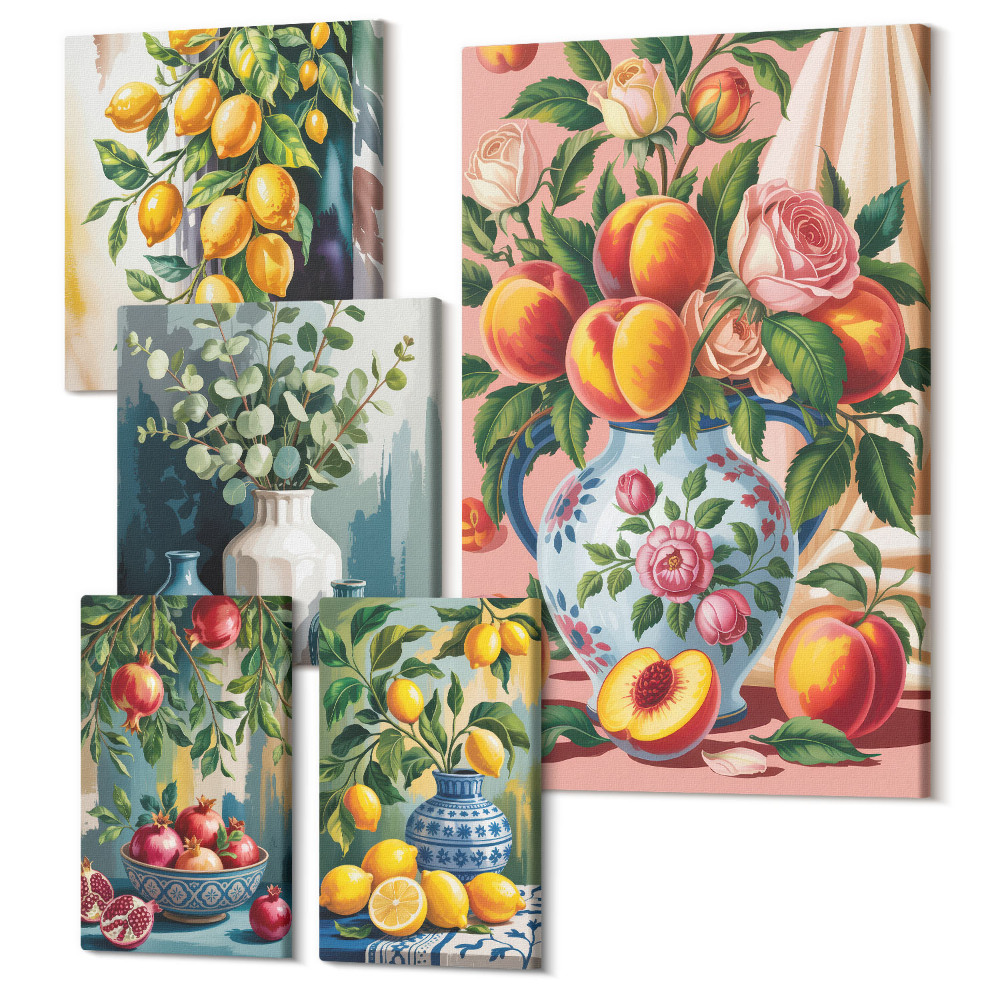 Sada 5 obrazů Ovocné kompozice s květinami a keramickými nádobami