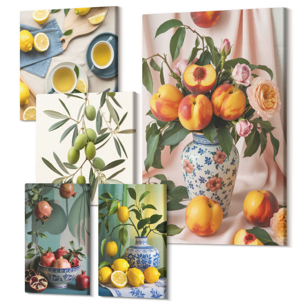 Sada obrazů pentaptych Ovoce a květiny v rustikálním stylu pro dekoraci interiéru