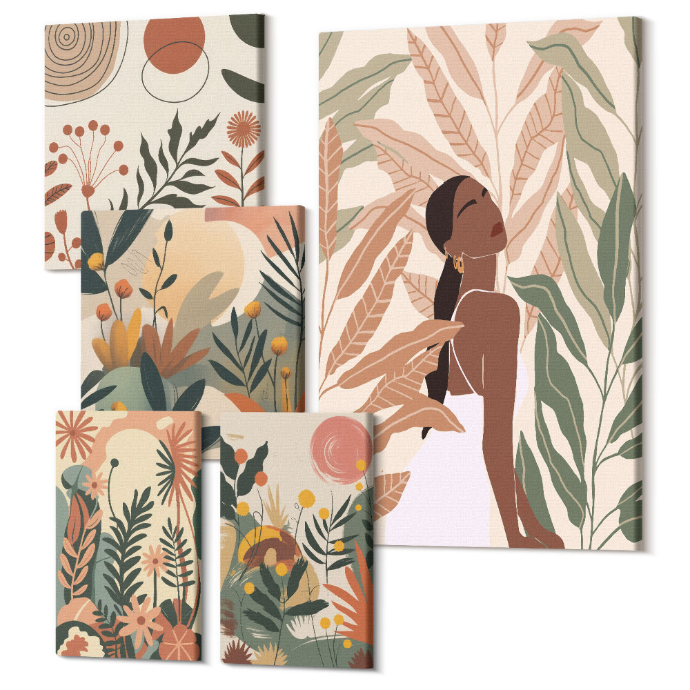 Sada 5 obrazů Boho styl s postavami a rostlinnými motivy