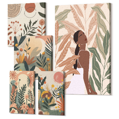 Sada 5 obrazů Boho styl s postavami a rostlinnými motivy