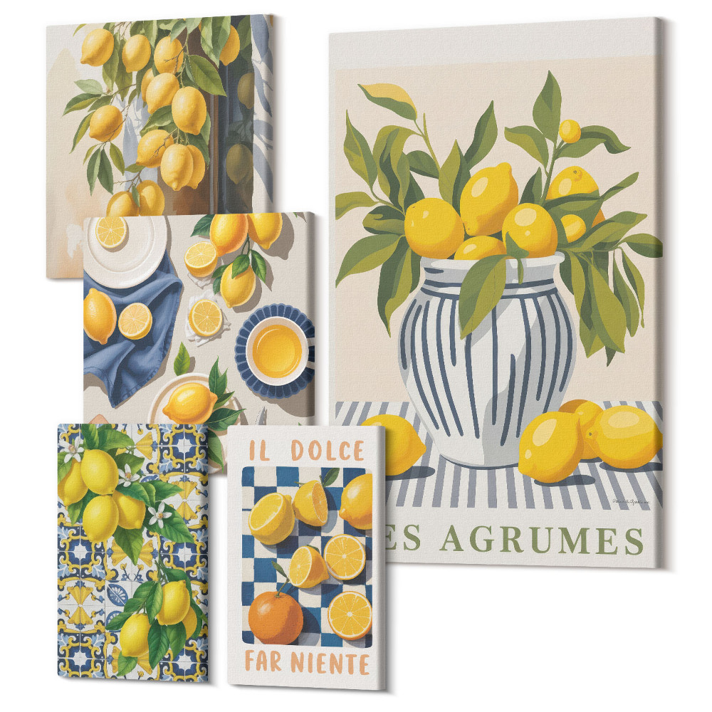 Sada obrazů pentaptych Citrusové inspirace v nástěnných dekoracích v provensálském stylu