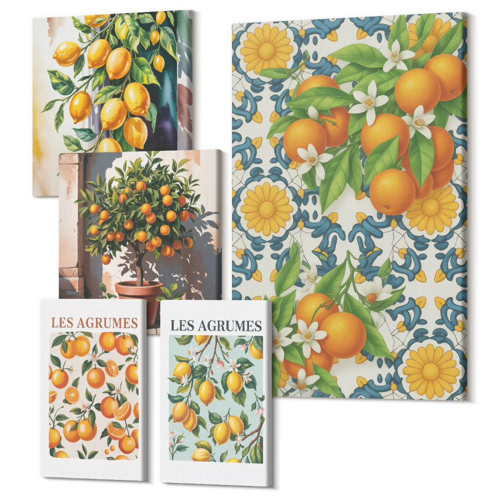 Sada obrazů na zeď pentaptych Citrusové inspirace s ovocem a květinami ve vintage stylu