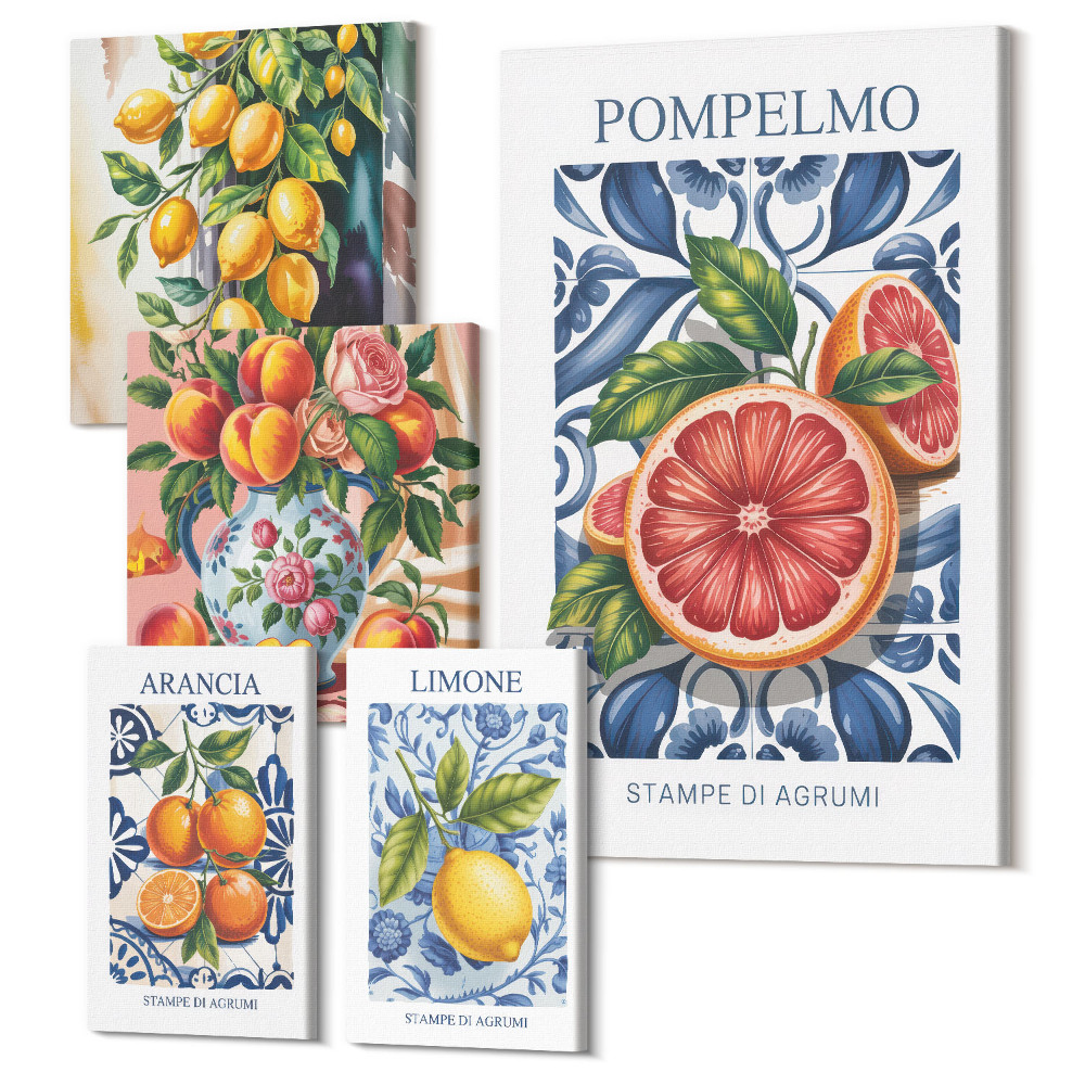 Sada obrazů na zeď pentaptych Slunečné akcenty s citrusovými plody ve vintage stylu