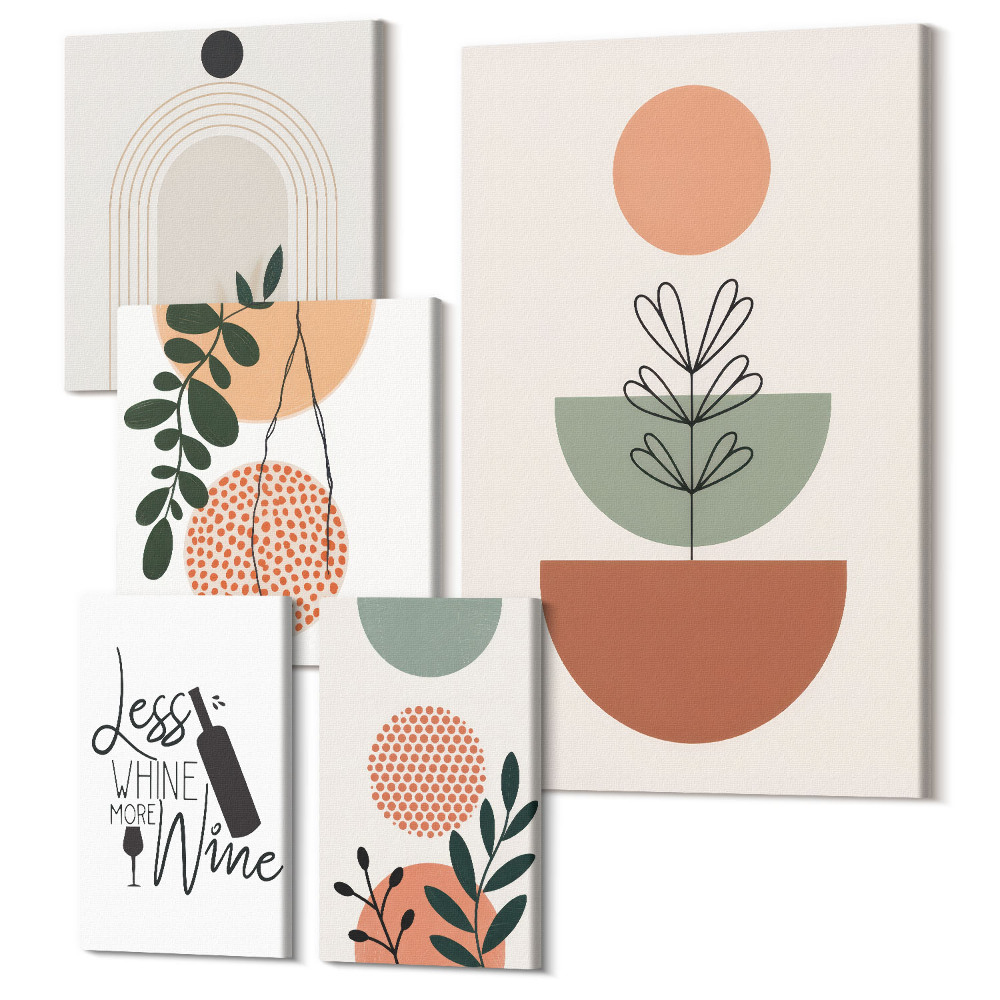 Sada obrazů na zeď pentaptych Stylové dekorace s rostlinnými motivy a slogany