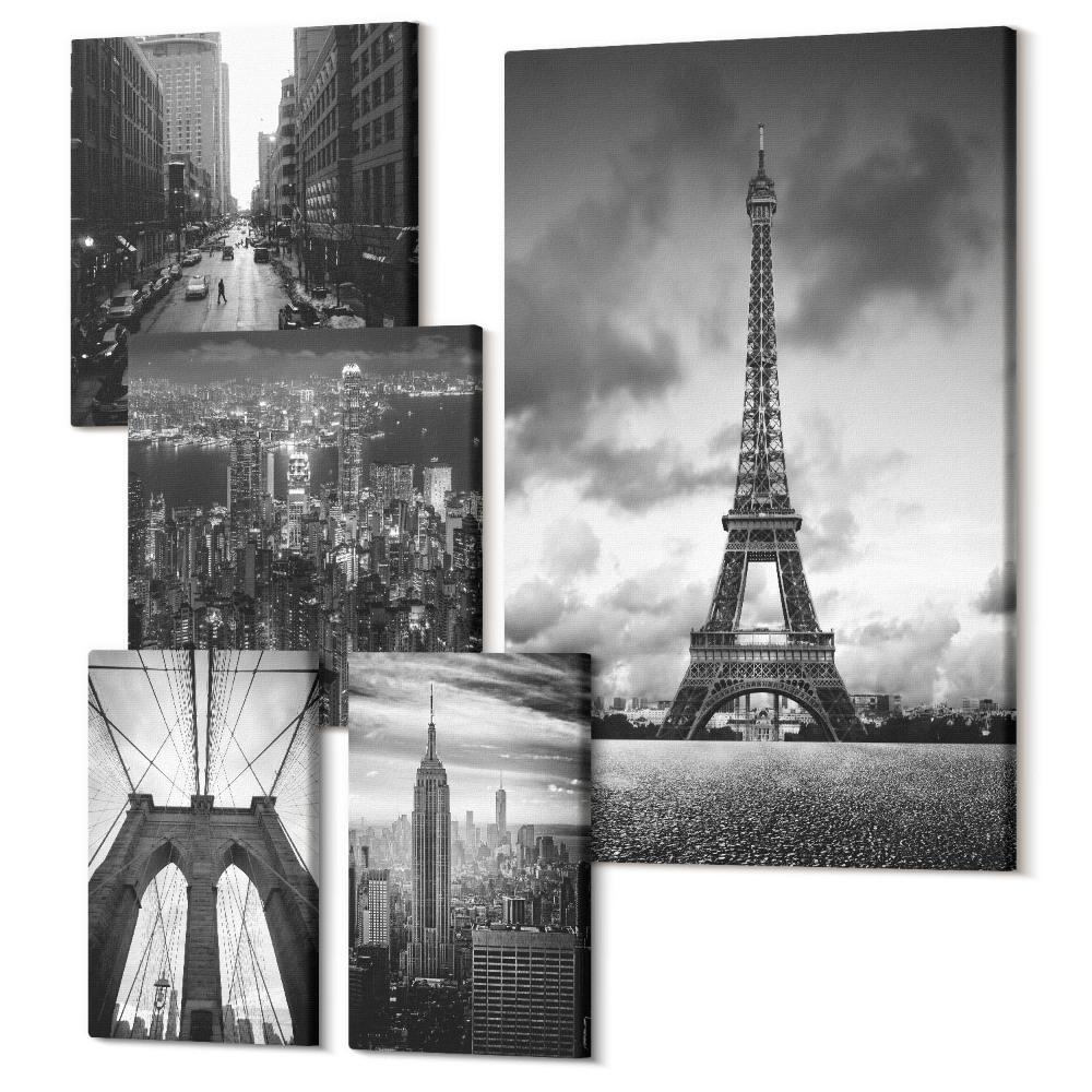 Sada obrazů na zeď pentaptych Černobílé architektonické ikony z měst po celém světě