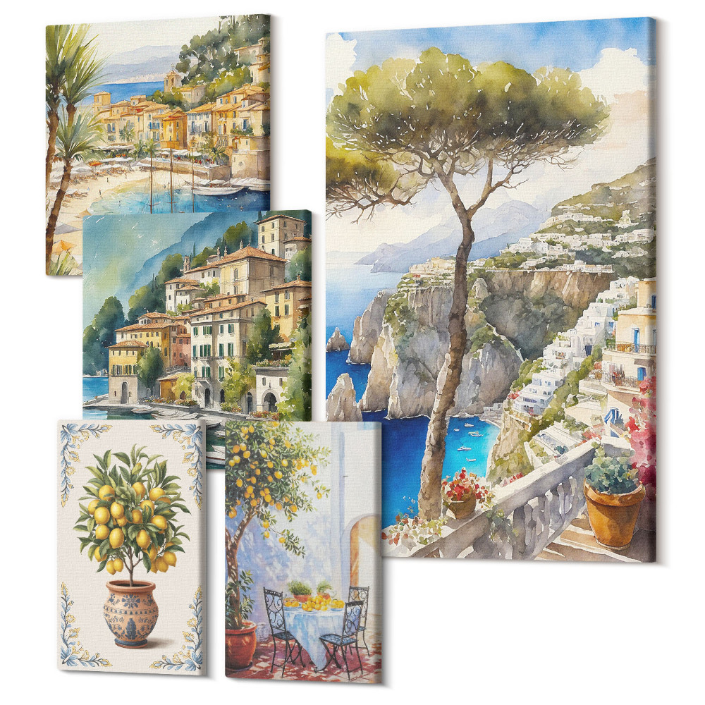 Sada 5 obrazů Stylový výhled na italská přímořská města a krajinu