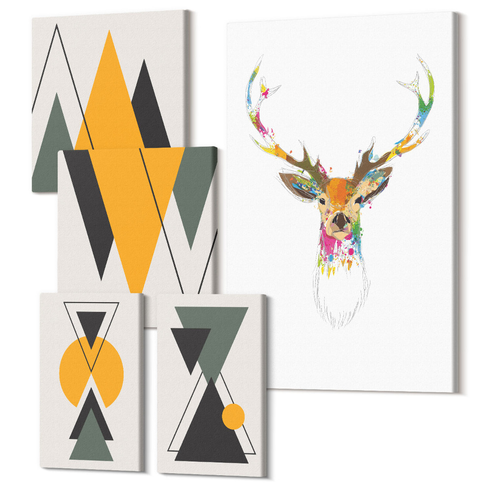 Sada obrazů pentaptych Boho styl s barevnými zvířecími a geometrickými motivy