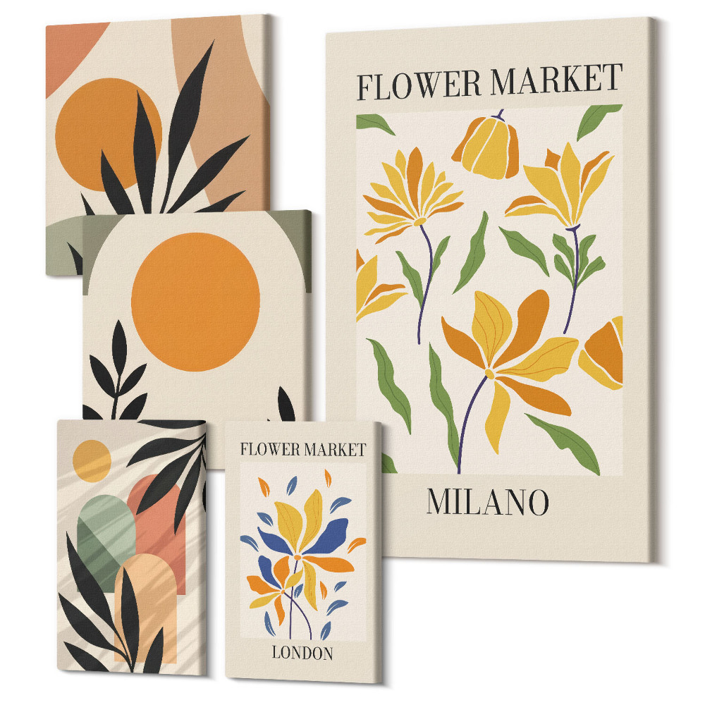 Sada obrazů na zeď pentaptych Květinové motivy a abstraktní kompozice v boho stylu