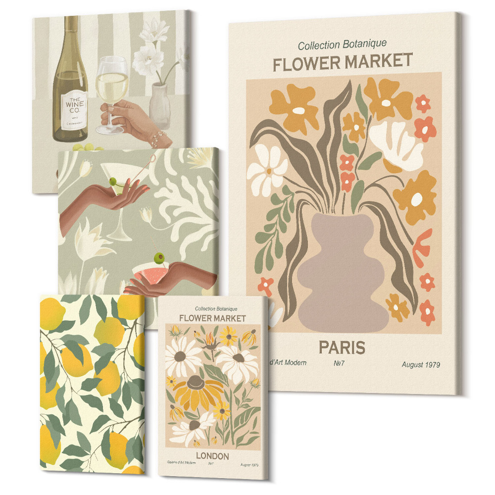 Sada 5 obrazů Květinové trhy a vintage ovocné akcenty