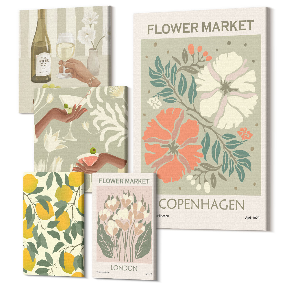 Sada obrazů na zeď pentaptych Vintage květinové trhy a ovocné inspirace