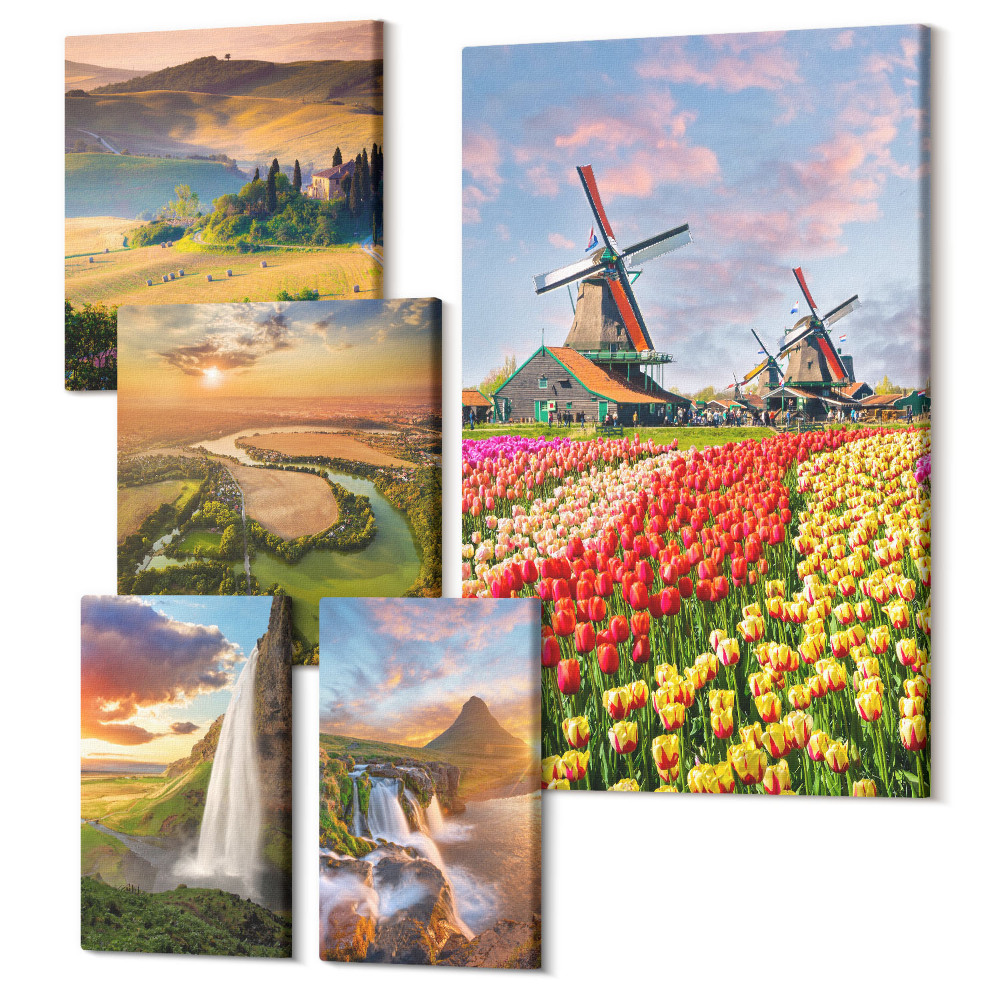 Sada 5 obrazů Přírodní krajiny s vodopády a větrnými mlýny v pozadí
