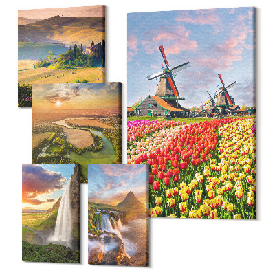 Sada 5 obrazů Přírodní krajiny s vodopády a větrnými mlýny v pozadí