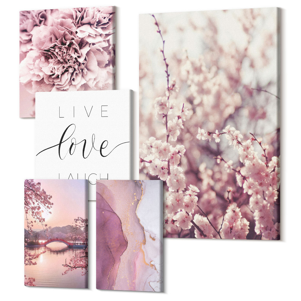 Sada obrazů pentaptych Květinové motivy s inspirativními slogany v pastelových tónech