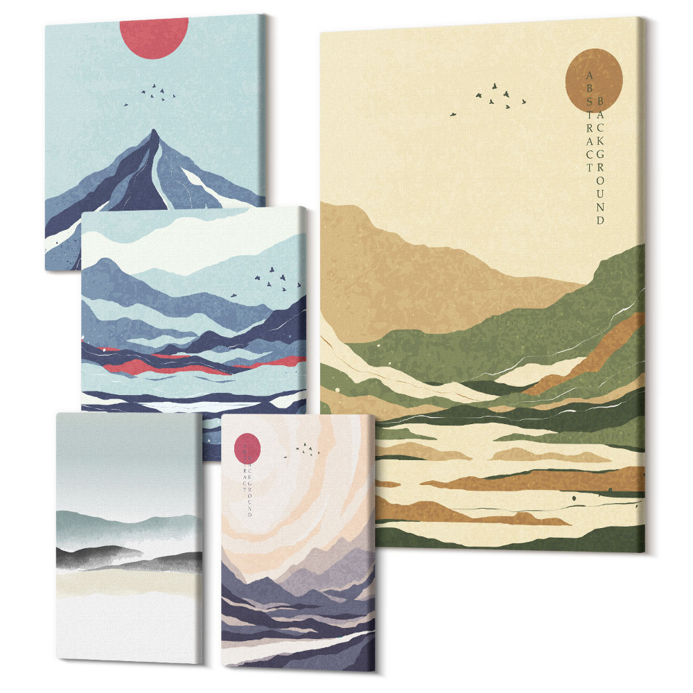 Sada obrazů na zeď pentaptych Horské krajiny s minimalistickými motivy přírody