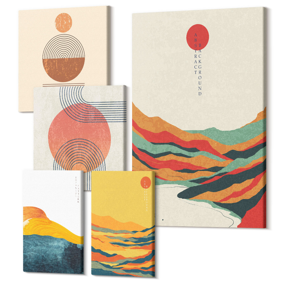 Sada obrazů na zeď pentaptych Abstraktní krajiny s geometrickými tvary a barvami