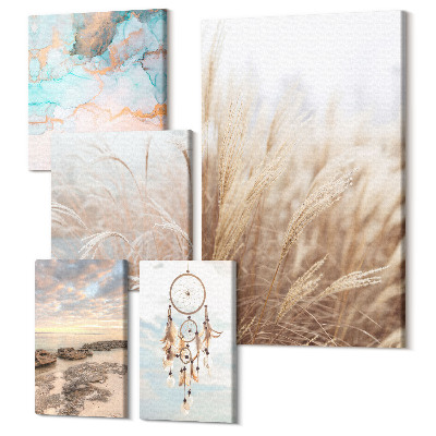 Sada obrazů na zeď pentaptych Přírodní krajiny s boho motivy a etnickými akcenty