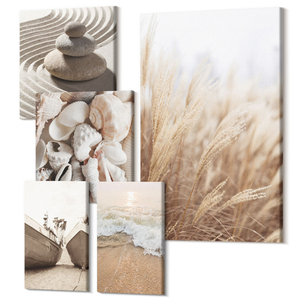 Sada 5 obrazů Přímořské inspirace s mušlemi a plážovým pískem