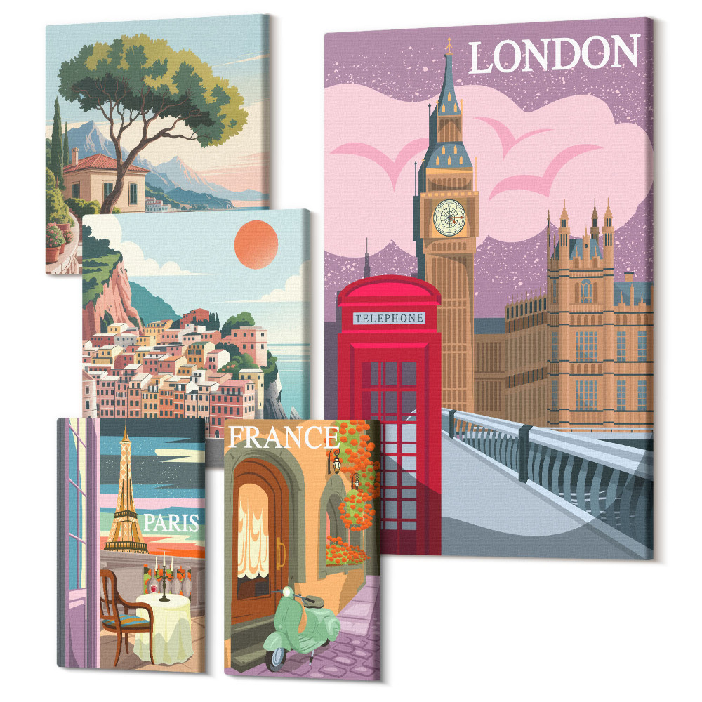 Sada obrazů pentaptych Evropská města, ikony kultury a architektury