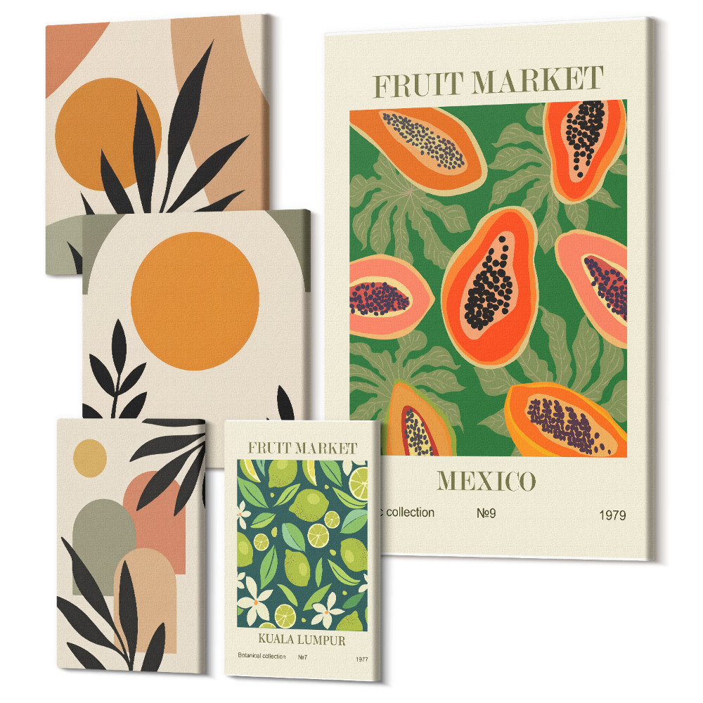 Sada obrazů na zeď pentaptych Tropické ovoce v retro stylu s exotickými motivy