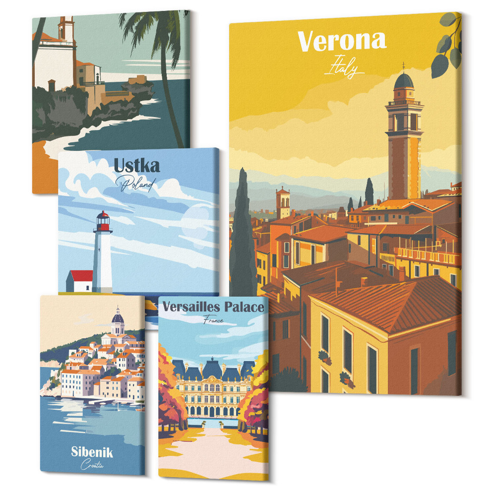 Sada obrazů na zeď pentaptych Krajiny evropských měst s majáky a paláci