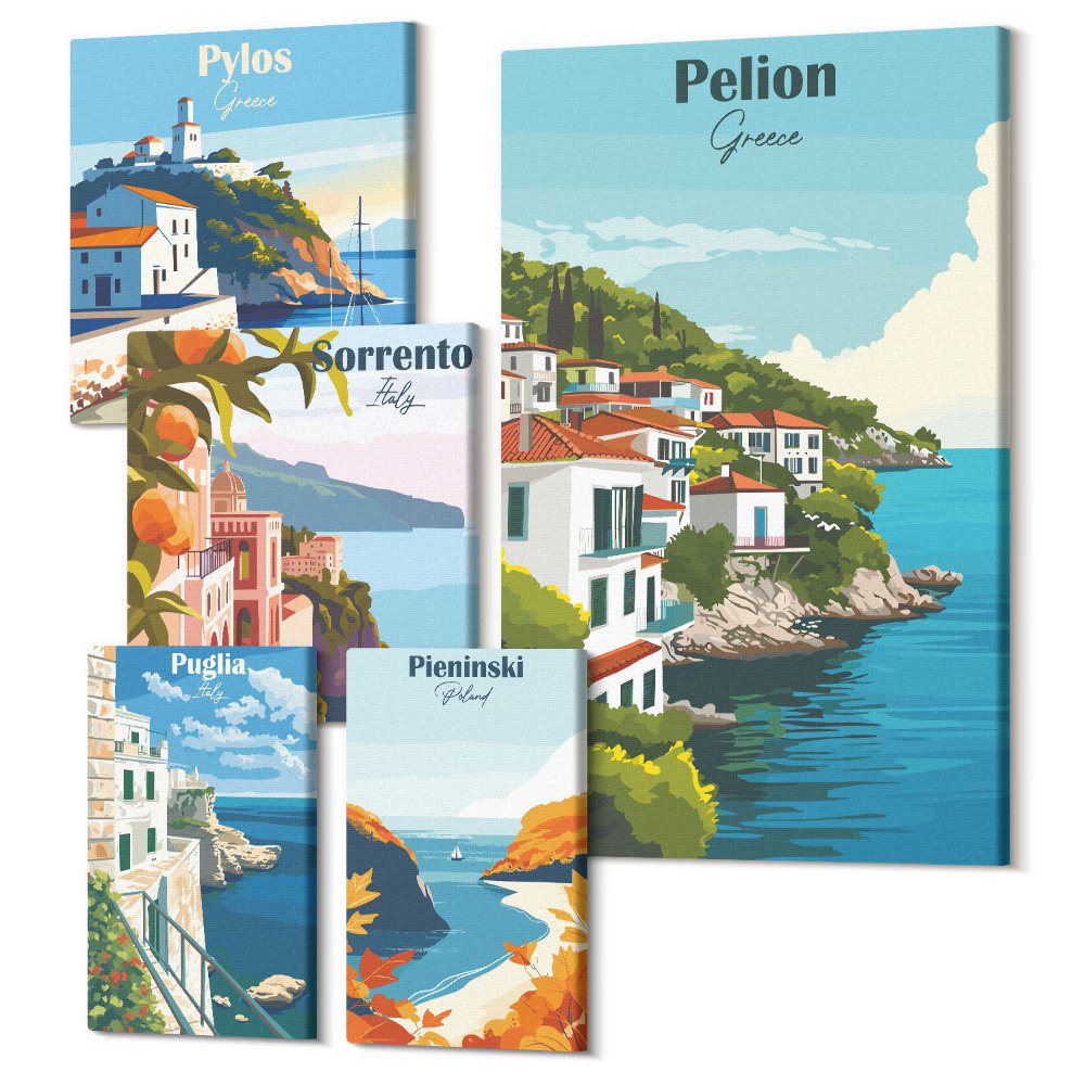 Sada obrazů na zeď pentaptych Krajiny řeckých ostrovů a malebných městeček