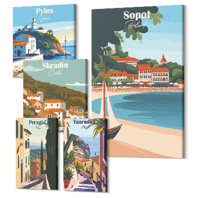 Sada 5 obrazů Krajiny přímořských měst v retro a prázdninovém stylu