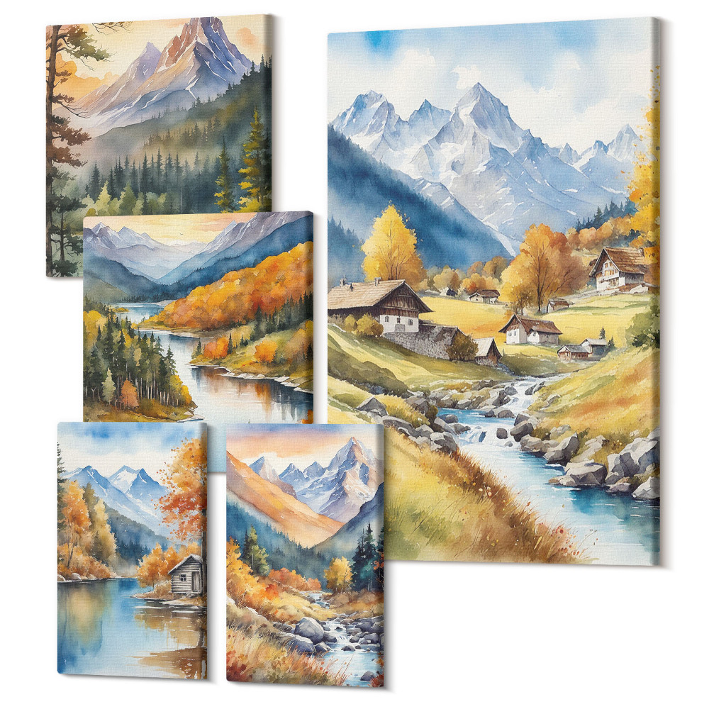 Sada 5 obrazů Horská krajina s malebnými údolími a řekami