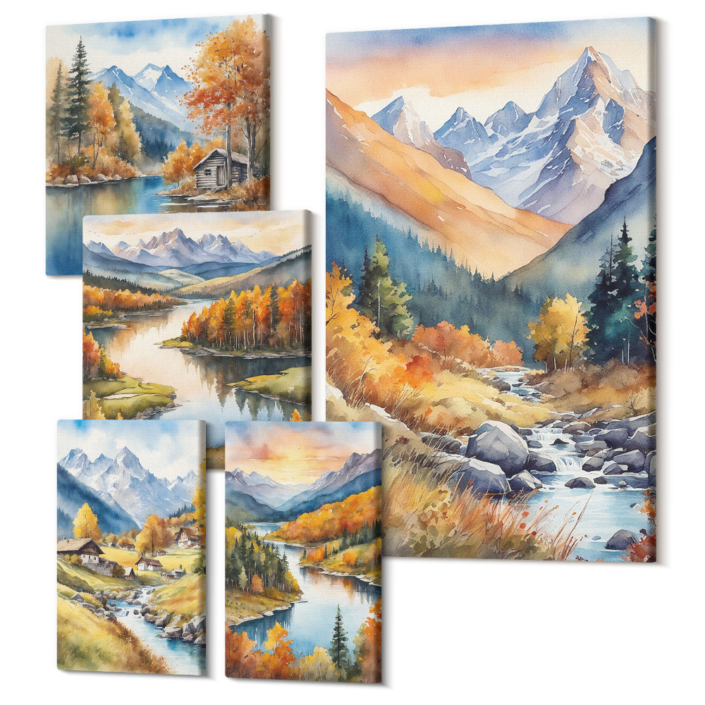 Sada obrazů pentaptych Podzimní horské krajiny s řekami a chatami v lese